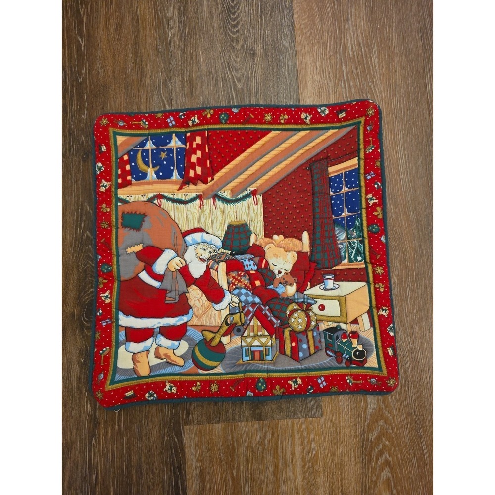 IKEA Christmas Santa Quilted Throw Pillow Cover 15x15 Red Winter Holiday Toys